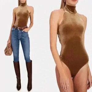 ALIX NYC Bentley Cutout Sleeveless Velvet Bodysuit - Golden Brown - Size Medium